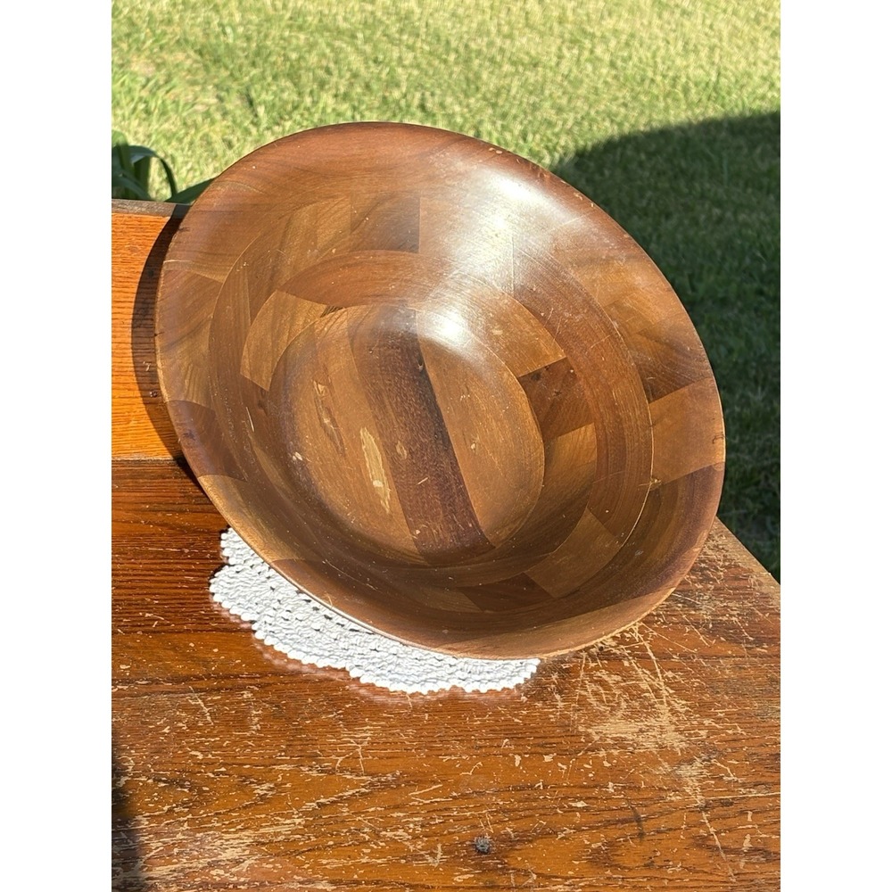 Vintage Vermillion Walnut Salad Bowl Mid Century Modern Block Construction